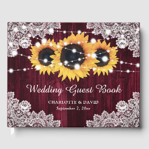 Rustic Burgundy Wood Lace Sunflower Wedding Guest Book