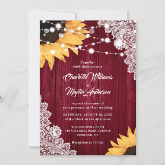 Rustic Burgundy Wood Lace Sunflower Wedding Invitation