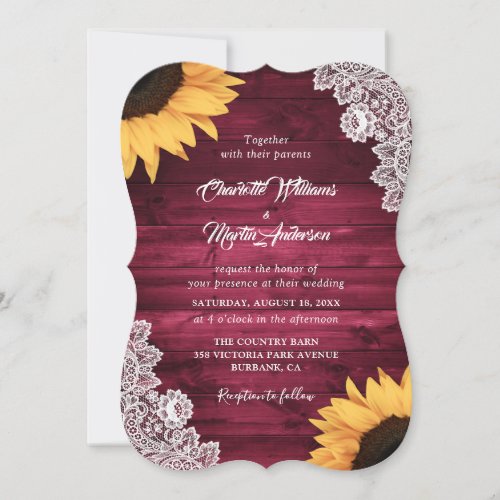 Rustic Burgundy Wood Lace Sunflower Wedding Invitation