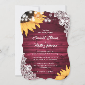 Rustic Burgundy Wood Lace Sunflower Wedding Invitation