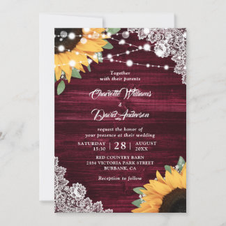 Rustic Burgundy Wood Lace Sunflower Wedding Invitation