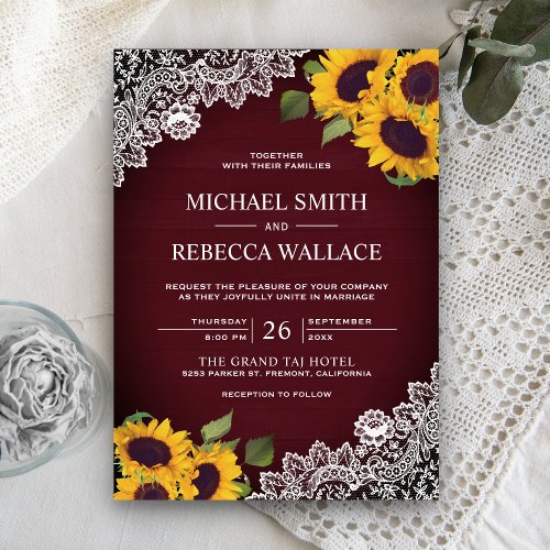 Rustic Burgundy Wood Lace Sunflower Wedding Invitation