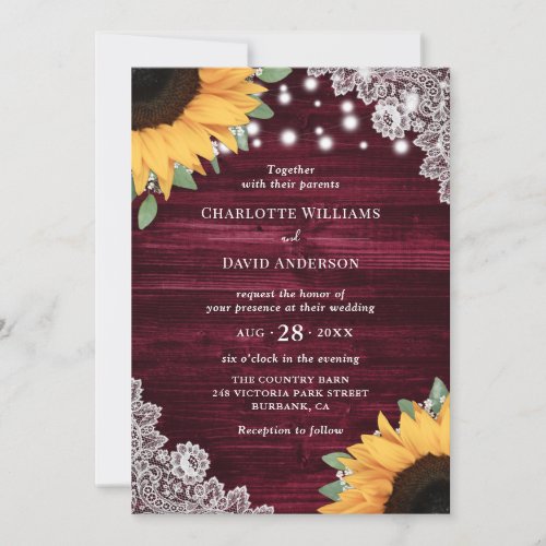 Rustic Burgundy Wood Lace Sunflower Wedding Invitation