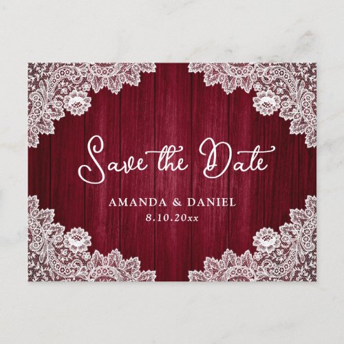 Rustic Burgundy Wood Lace Wedding Save The Date Announcement Postcard