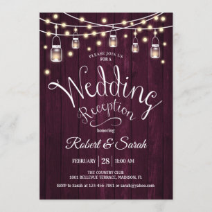 Rustic Burgundy Wood & Lights Wedding Reception Invitation