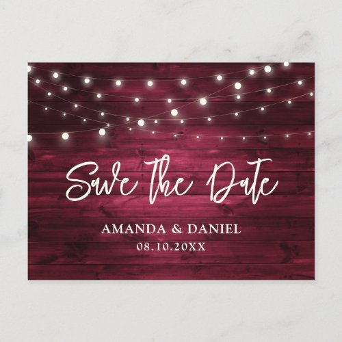 Rustic Burgundy Wood Lights Wedding Save The Date Announcement Postcard