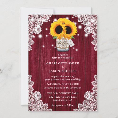 Rustic Burgundy Wood Mason Jar Sunflower Wedding Invitation