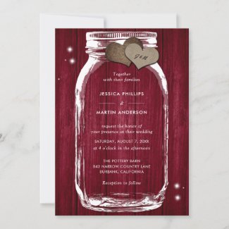 Rustic Burgundy Wood Mason Jar Wedding Invitations