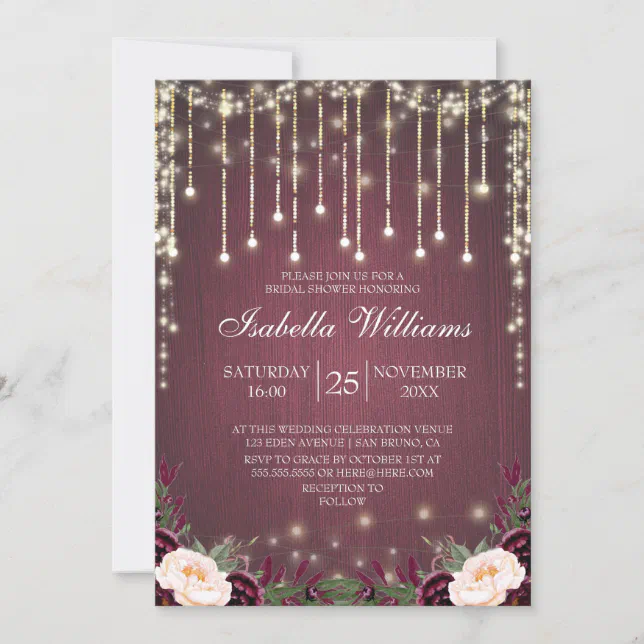 Rustic Burgundy Wood String Lights Bridal Shower Invitation Zazzle