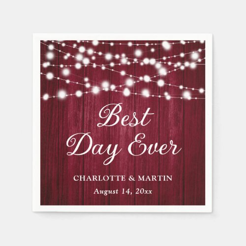 Rustic Burgundy Wood String Lights Wedding Napkins