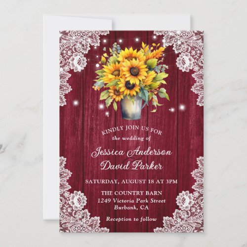 Rustic Burgundy Wood Sunflower Bouquet Wedding Invitation