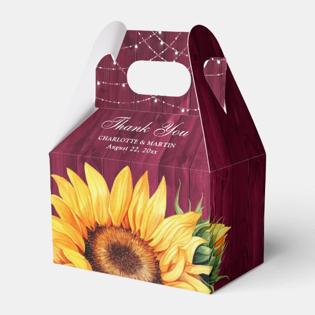 Rustic Burgundy Wood Sunflower Floral Monogram Favor Boxes (Front Side)