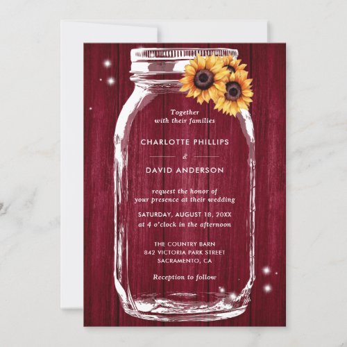 Rustic Burgundy Wood Sunflower Mason Jar Wedding Invitation