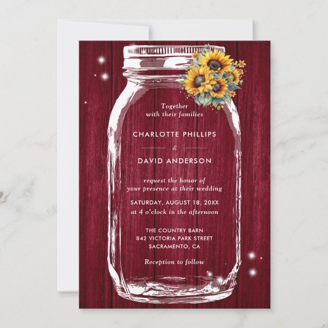 Rustic Burgundy Wood Sunflower Mason Jar Wedding Invitation (Front)
