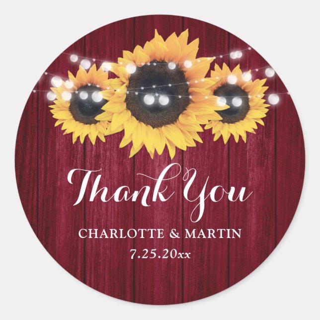 Rustic Burgundy Wood Sunflower Wedding Favor Classic Round Sticker (Front)