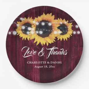 Rustic Burgundy Wood Sunflower Wedding Paper Plates