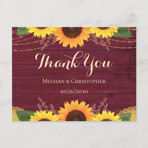 Rustic Burgundy Wood Sunflower Wedding Thank You Postcard