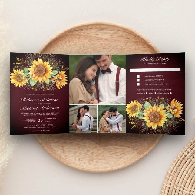 Rustic Burgundy Wood Sunflowers Photo Wedding Tri-Fold Invitation (Creator Uploaded)
