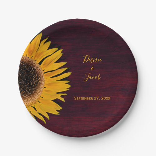 Rustic Burgundy Wood Yellow Sunflower Wedding Paper Plates