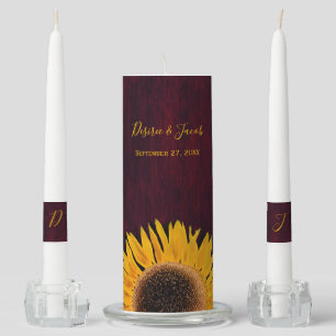 Rustic Burgundy Wood Yellow Sunflower Wedding Unity Candle Set