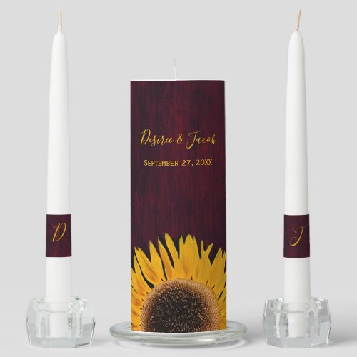 Rustic Burgundy Wood Yellow Sunflower Wedding Unity Candle Set