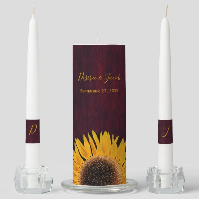 Rustic Burgundy Wood Yellow Sunflower Wedding Unity Candle Set (Front)
