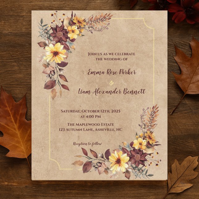 Rustic Burgundy Yellow Floral Fall Wedding Invite (Rustic Burgundy Yellow Floral Fall Wedding Invite)