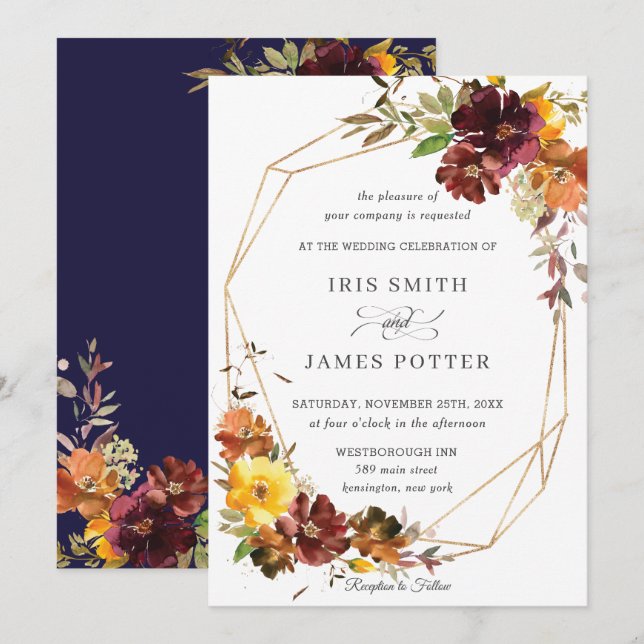 Rustic Burgundy Yellow Floral Wedding Geometric Invitation (Front/Back)