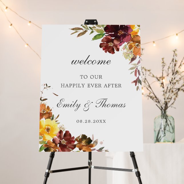 Rustic Burgundy Yellow Floral Wedding Welcome   Foam Board (In Situ (Stand))
