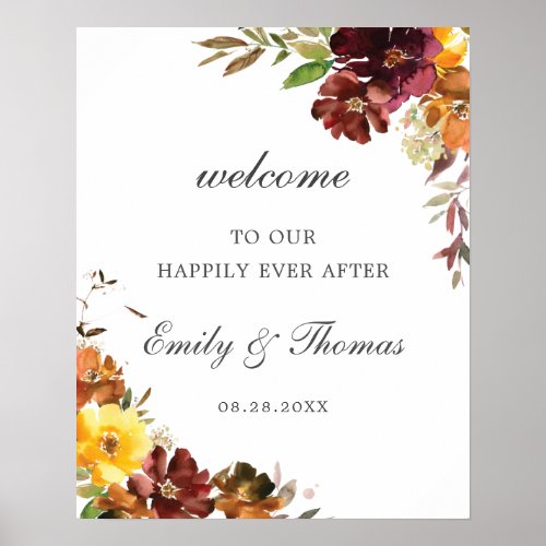 Rustic Burgundy Yellow Floral Wedding Welcome    Poster