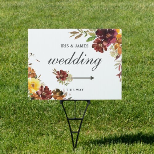Rustic Burgundy Yellow Floral Wedding Welcome Yard Sign