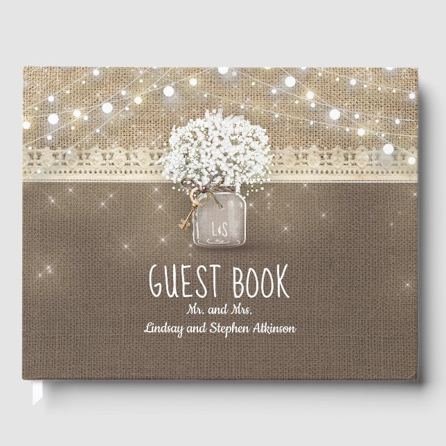 Rustic Burlap and Baby's Breath Mason Jar Wedding Guest Book (Front)