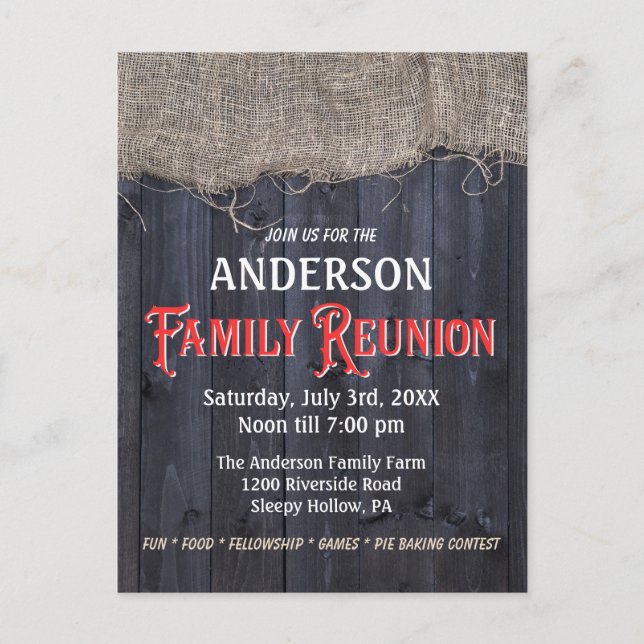 Rustic Burlap and Barn Wood Family Reunion Postcard (Front)
