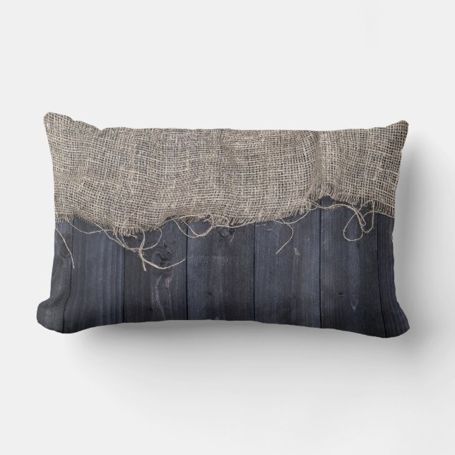 Rustic Burlap and Barn Wood Farmhouse Style Lumbar Pillow (Front)