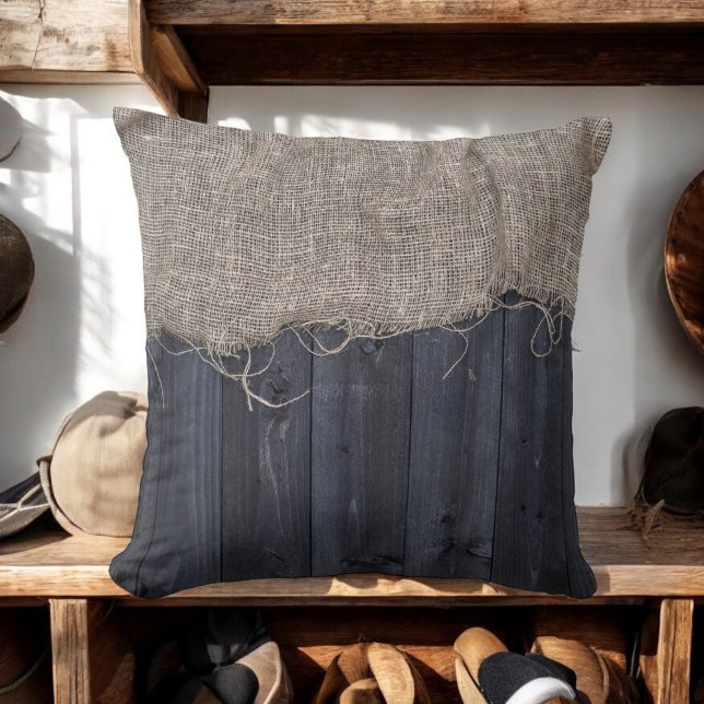 Rustic Burlap and Barn Wood Pattern Throw Pillow (Perfect for western decor.)