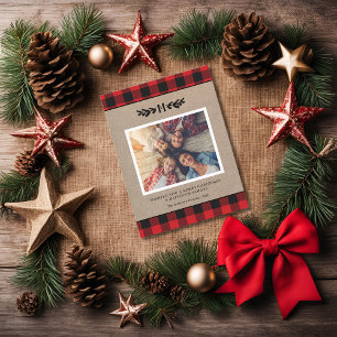 Rustic Burlap and Buffalo Plaid Monogram Photo Holiday Card