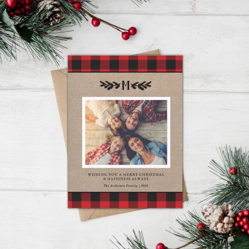 Rustic Burlap and Buffalo Plaid Monogram Photo  Holiday Card