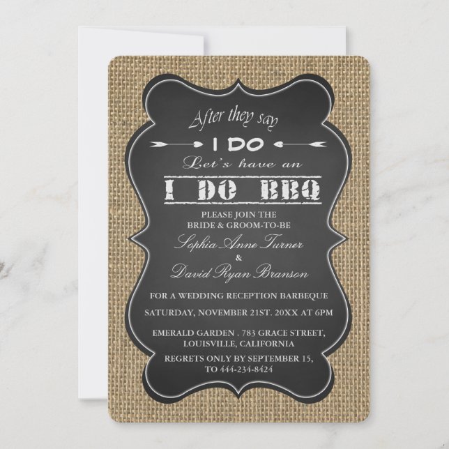 Rustic Burlap and Chalkboard I DO BBQ Custom Invitation (Front)