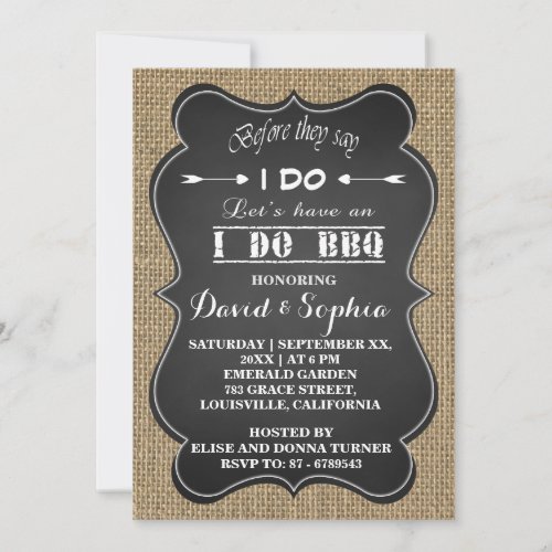 Rustic Burlap and Chalkboard I DO BBQ Custom Invitation