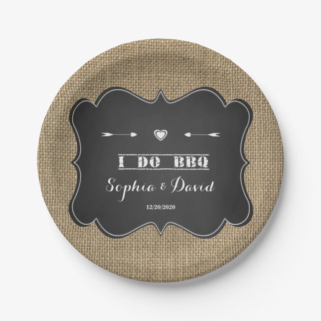 Rustic Burlap and Chalkboard I DO BBQ Custom Paper Plates (Front)
