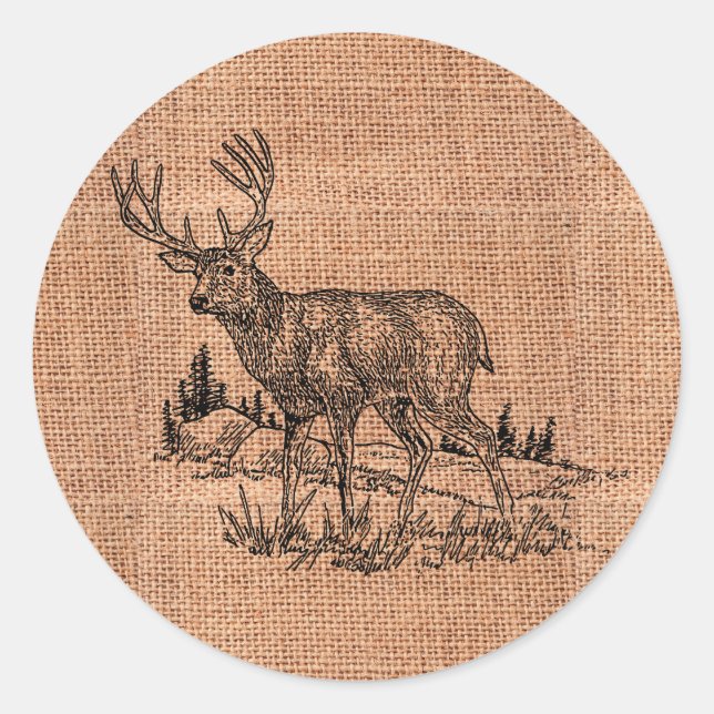 Rustic Burlap And Deer Illustration Classic Round Sticker (Front)