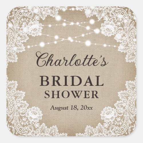 Rustic Burlap and Lace Bridal Shower Square Sticker