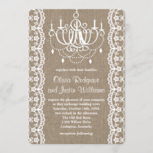 Rustic Burlap and Lace Chandelier Wedding Invitation