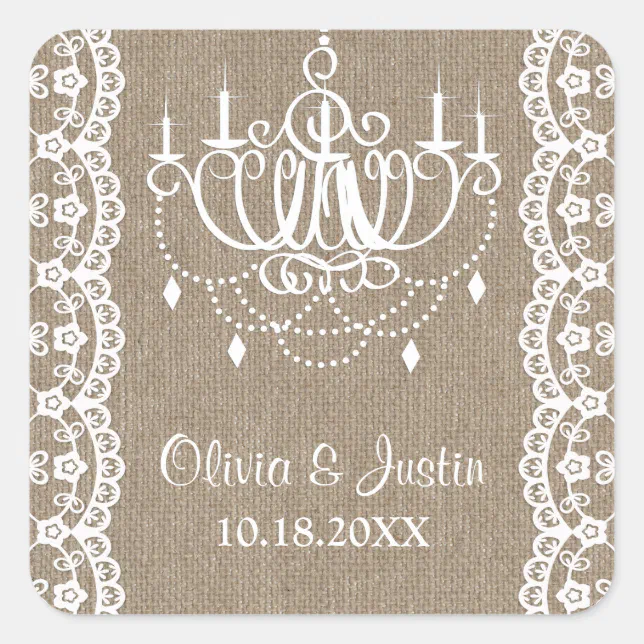 Rustic Burlap and Lace Chandelier Wedding Square Sticker | Zazzle
