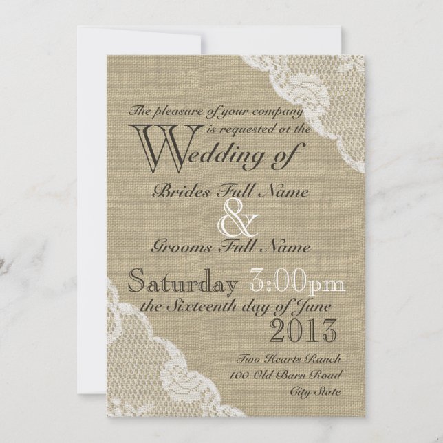 Rustic Burlap and Lace Country Wedding Invitation (Front)