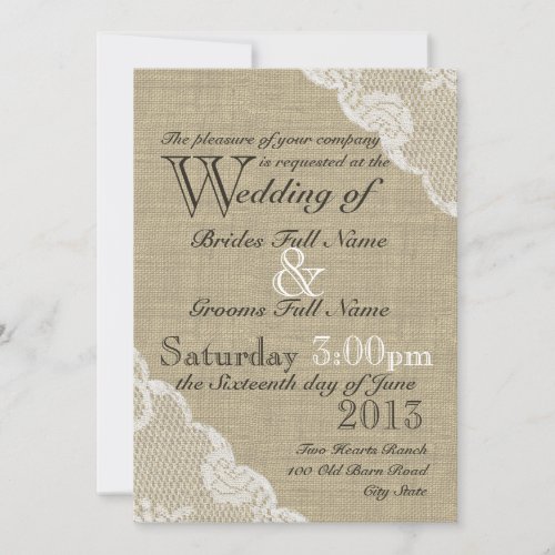 Rustic Burlap and Lace Country Wedding Custom Invitation