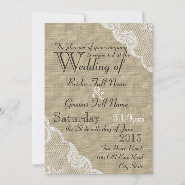 Rustic Burlap and Lace Country Wedding Invitation (Front)