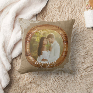 Rustic Burlap and Lace First Christmas engaged Throw Pillow
