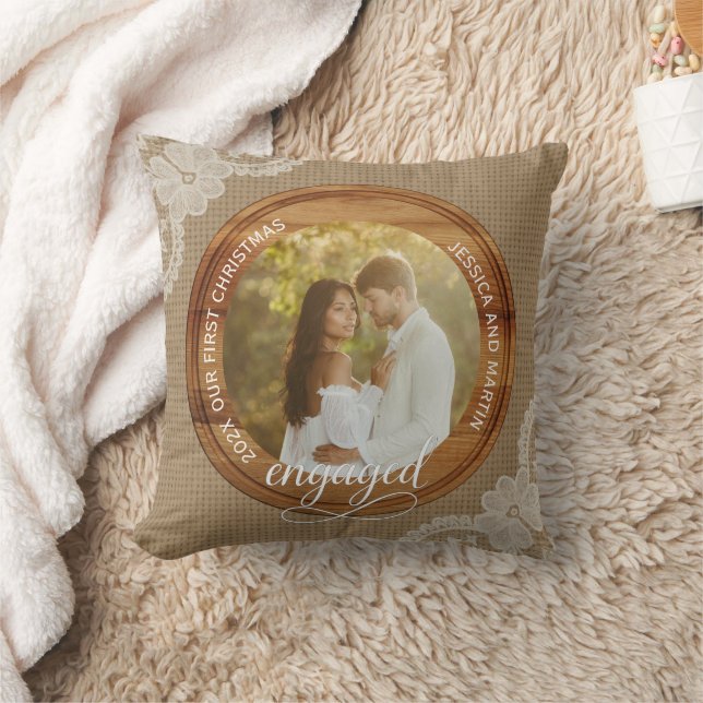 Rustic Burlap and Lace First Christmas engaged Throw Pillow (Blanket)