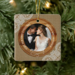 Rustic Burlap and Lace First Christmas married Ceramic Ornament